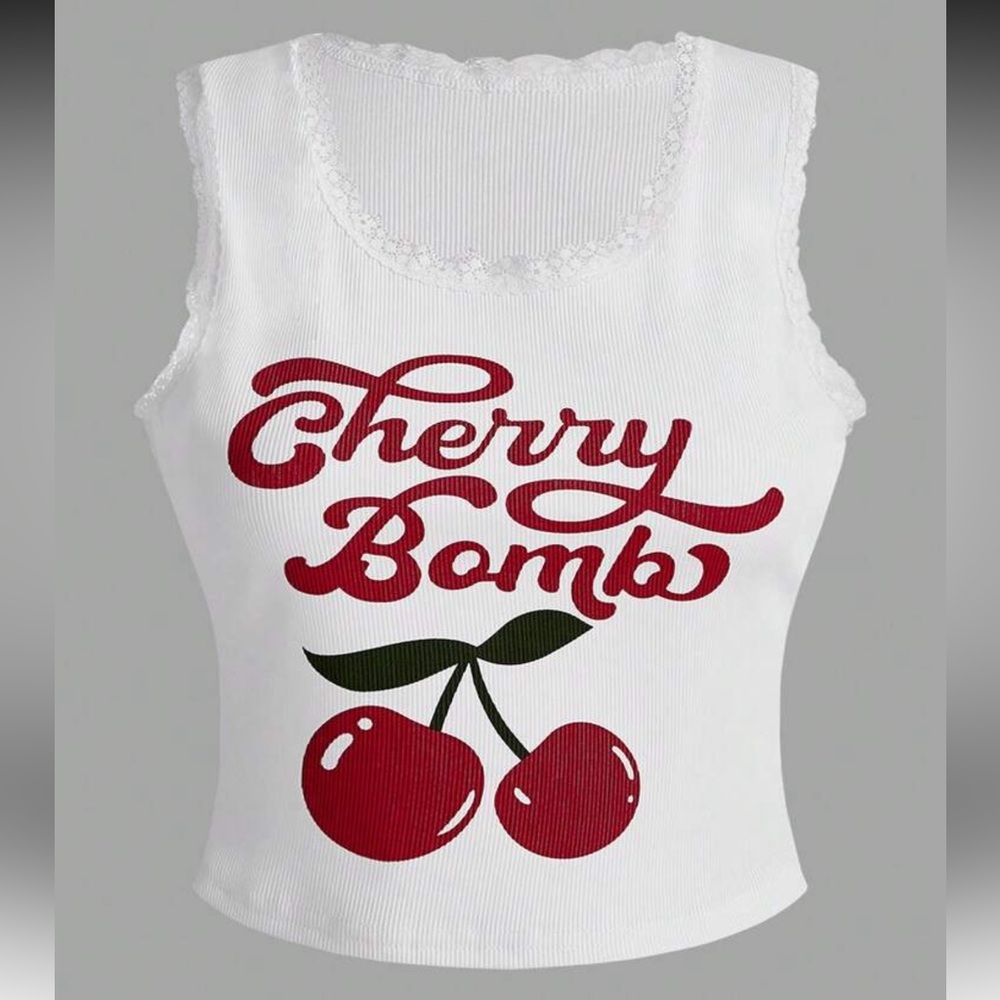 ROMWE White Cherry Bomb Lace Crop Top